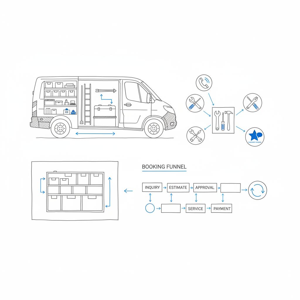 Notebook-style line drawing of a van interior and toolbox layout with icons for contact, reviews and booking flow, minimalist on white background with brand-blue accents for a handyman website