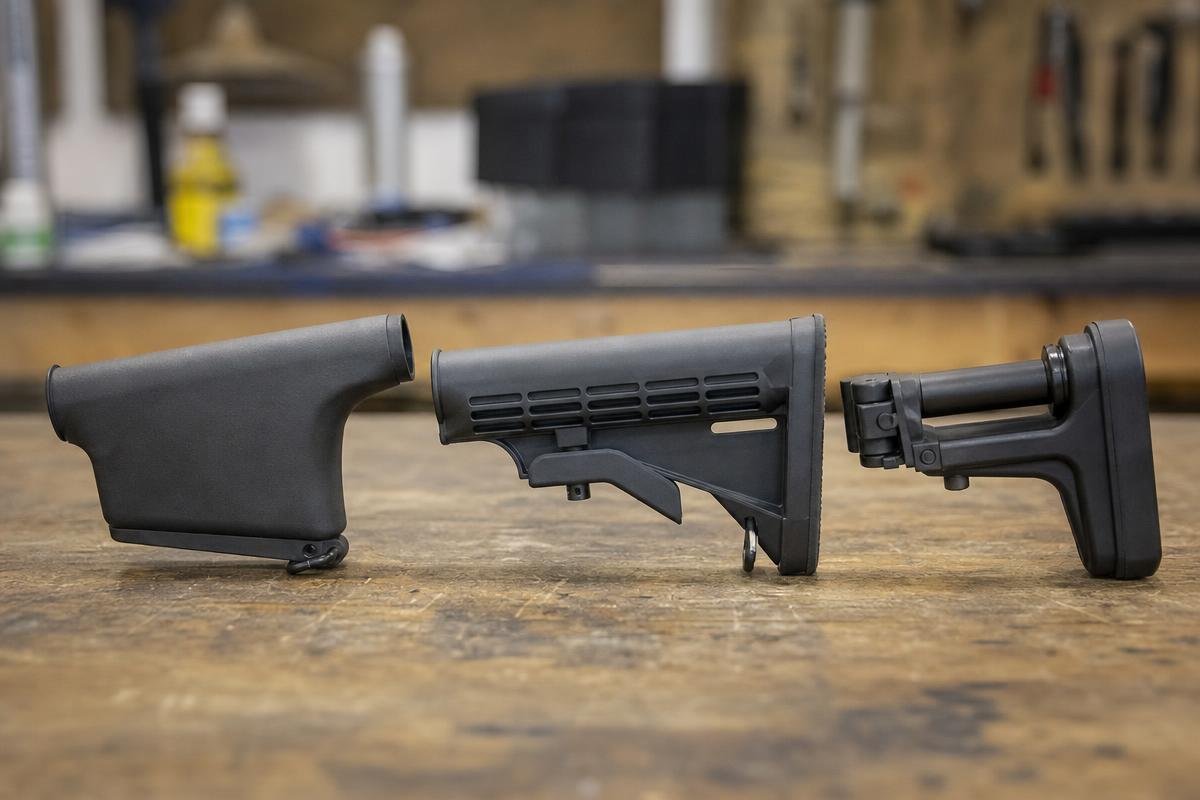Collapsible carbine stock showing the locking lever and position notches on a mil-spec buffer tube