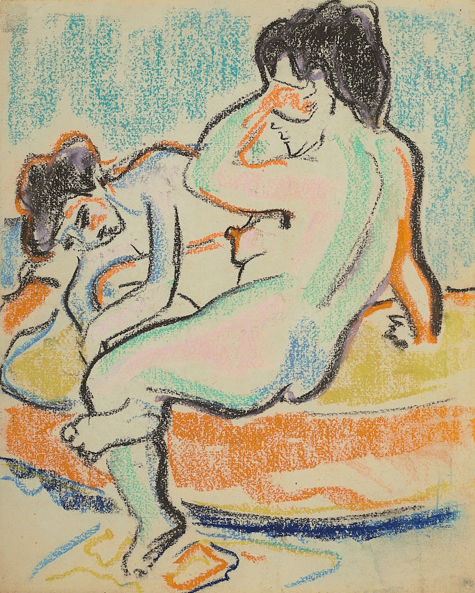 Sitzender und liegender Akt auf Bett 1908