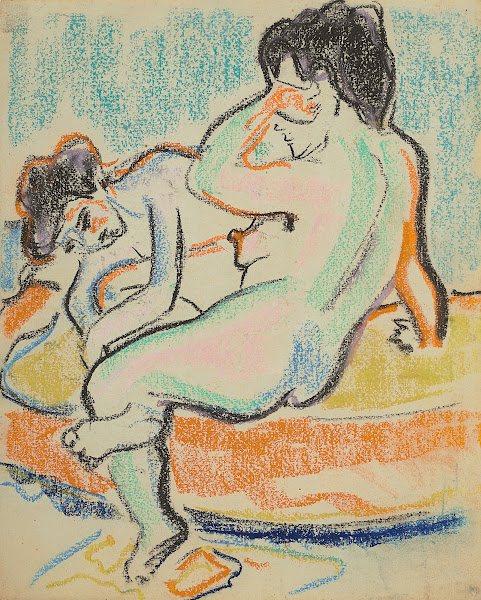 Sitzender und liegender Akt auf Bett 1908