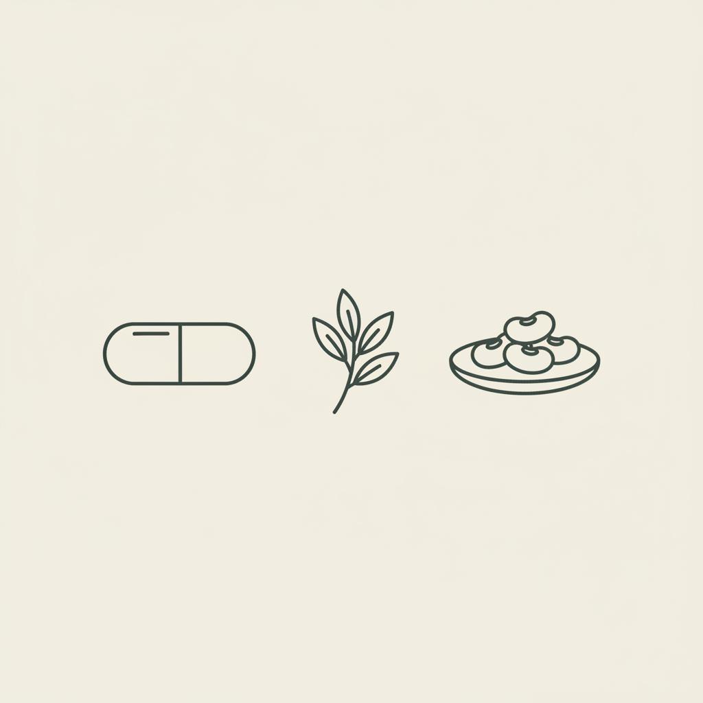 Minimal Tonum-style line illustration of a capsule, olive sprig and plate of beans on beige background to represent ways to improve insulin sensitivity.