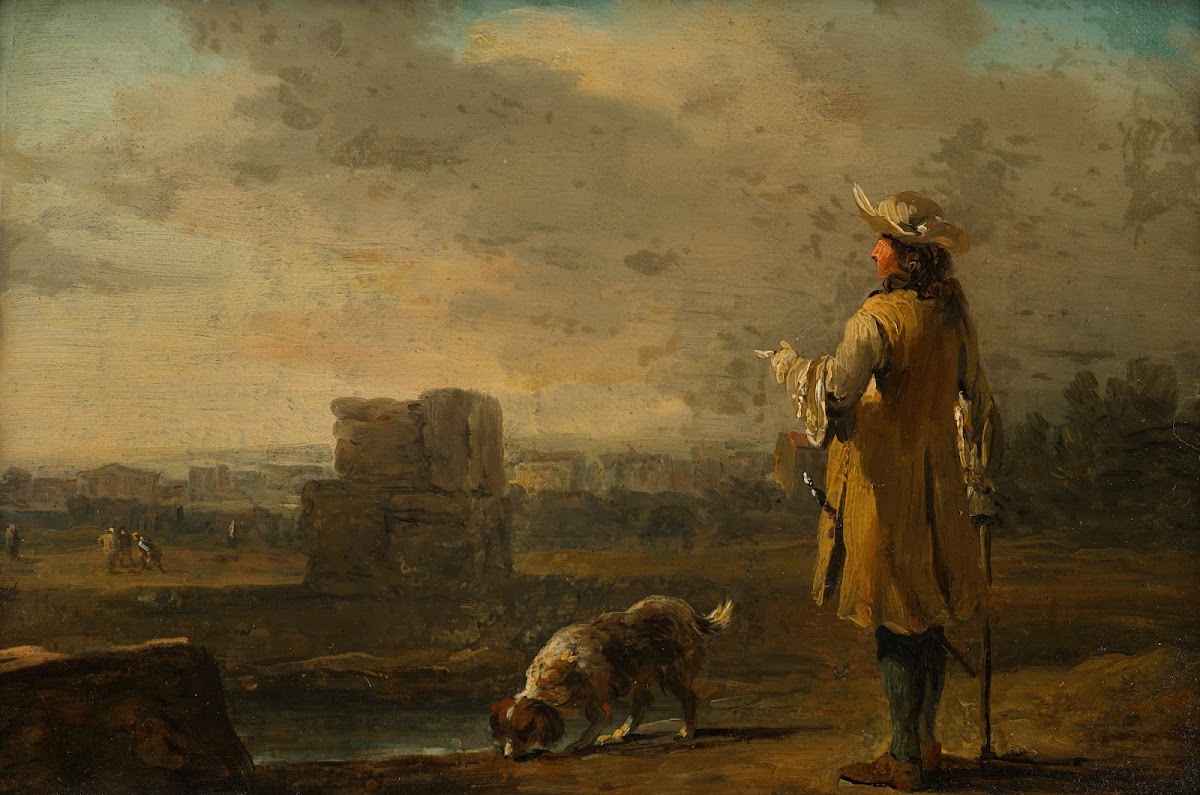 Herr mit Hund in Landschaft