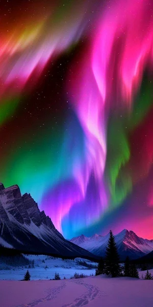 Aurora Borealis, Northern Lights, Winter Landscape, Mountainscape iPhone Wallpaper Background