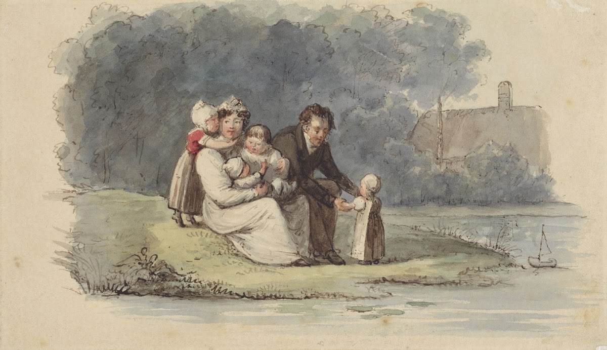Familie zittend aan het water 1828