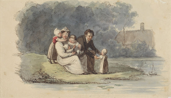 Familie zittend aan het water 1828