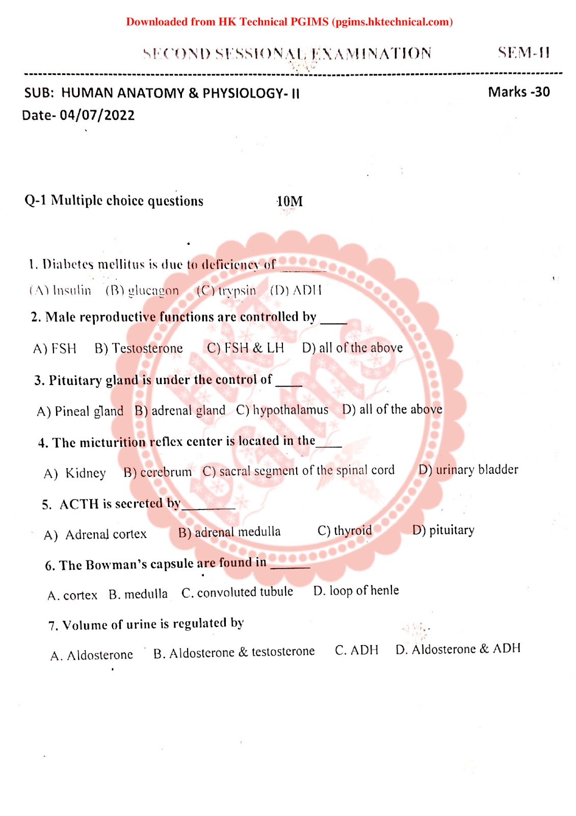 F.Y.B.Pharm HAP-2. 2ND SISSONAL QUESTIONS PEPAR S.P.B.C. COP 2nd Semester B.Pharmacy Previous Year's Question Paper,BP201T Human Anatomy and Physiology II,Sharada kadu - S.P.B.C.COP,