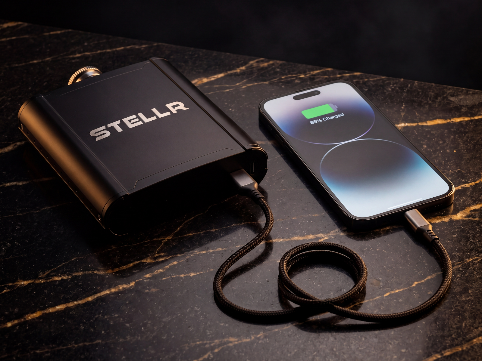 STELLR flask charging a phone