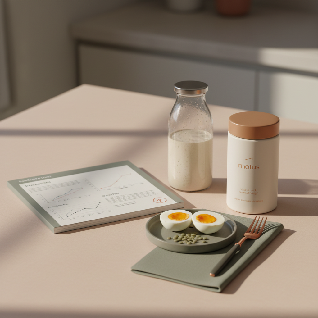 Minimalist kitchen table with Motus supplement bottle, glass shake, research pamphlet and protein dish to support drink shakes to lose weight