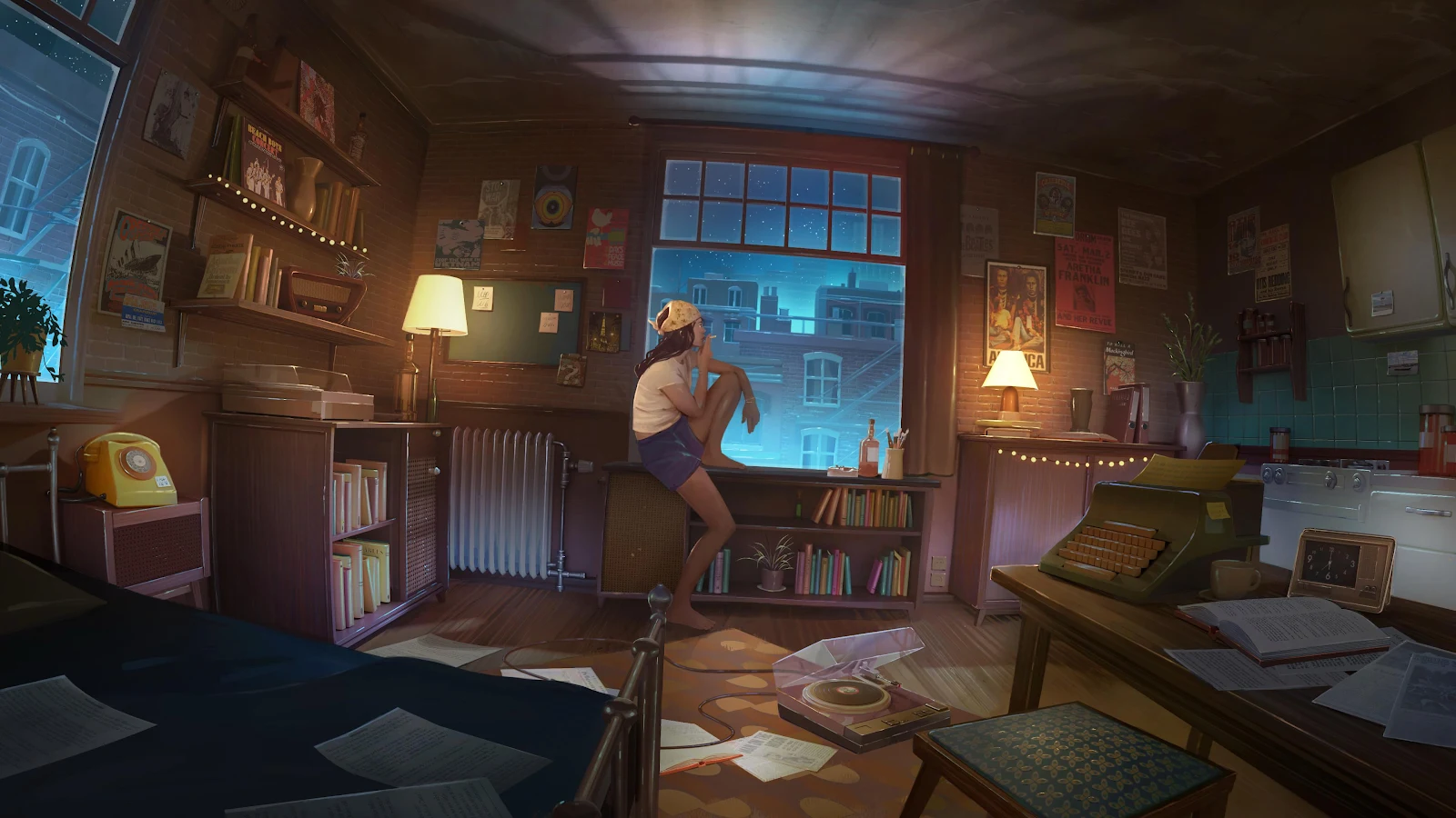 Cozy Attic Room Night View - Detailed Digital Illustration 4K Wallpaper (3840x2160)