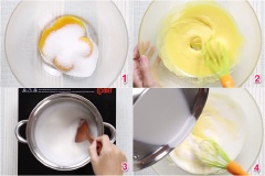 Cho 50g đường và tô lòng đỏ trứng, đánh đều hỗn hợp bằng cây đánh trứng cho đến khi hỗn hợp chuyển màu vàng nhạt thì ngừng. Tiếp đó, đặt nồi nước cốt dừa lên bếp đun nóng, sau khi nước cốt dừa sôi thì tắt bếp, đổ nước cốt dừa vào tô trứng và đánh cho hỗn hợp hòa tan hoàn toàn.