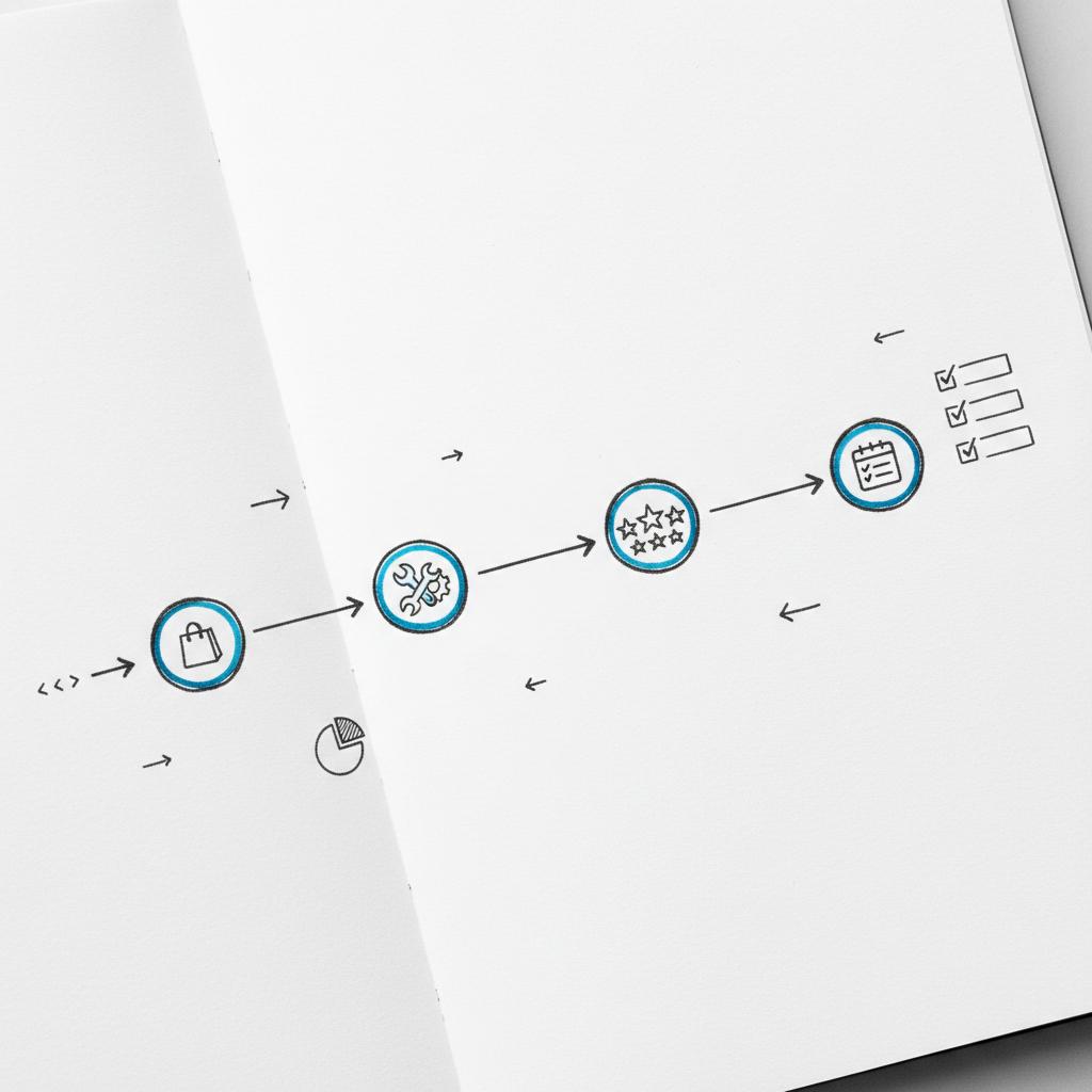 Minimal notebook sketch of a timeline (purchase → service → ask for review → follow-up) in charcoal with blue accents for 5 star reviews.