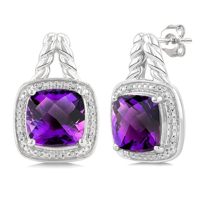 Silver Cushion Shape Gemstone & Diamond Earrings