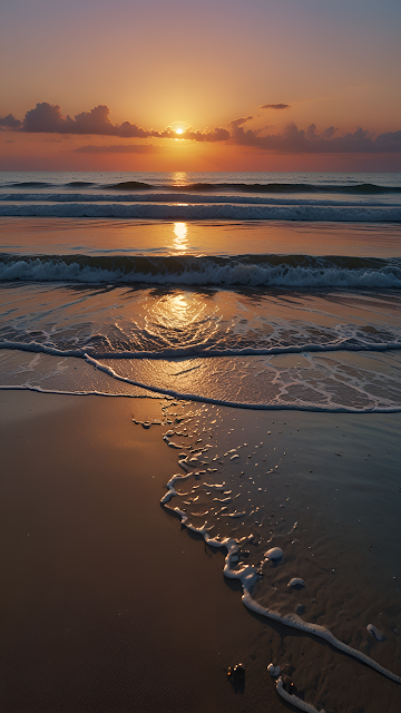 Golden Sunset Over Ocean Waves, Tranquil Beach Seascape - Free mobile Wallpaper