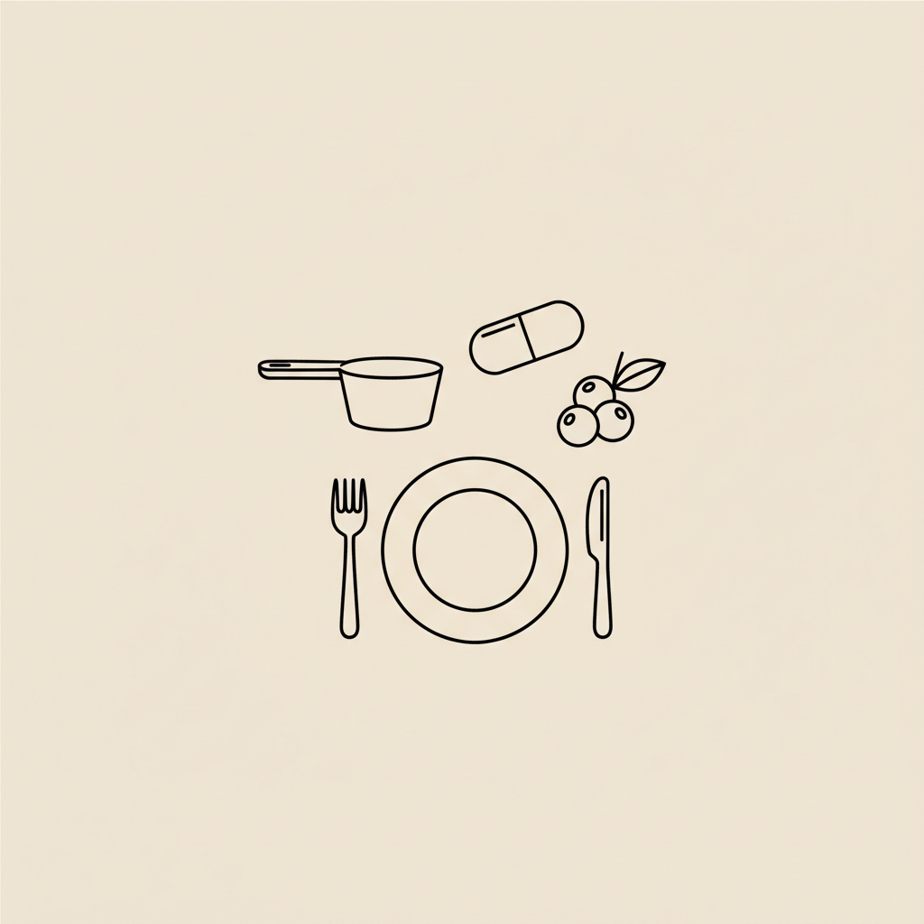 Minimal vector line illustration of a protein scoop, capsule, plate with fork and knife, and small berry cluster on beige background for protein shakes and nutrition
