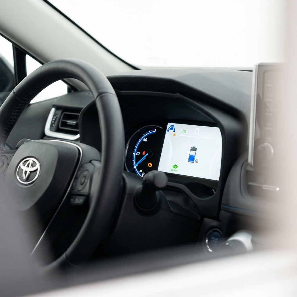 Close up of Toyota RAV4 dashboard showing hybrid system warning icons and steering wheel shallow depth of field clean white background toyota rav 4 for sale near me