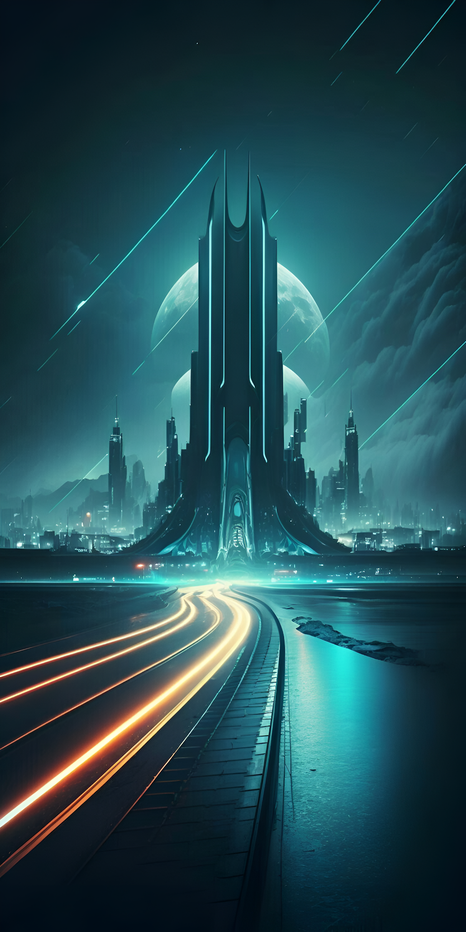 Neon Cyberpunk Skyscraper with Light Trails at Night - Free 4K mobile Wallpaper