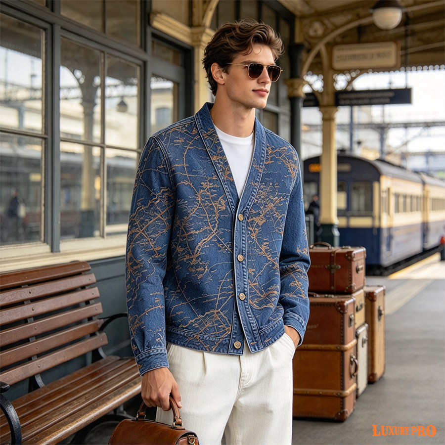 AOP Faux Denim Textured Cardigan