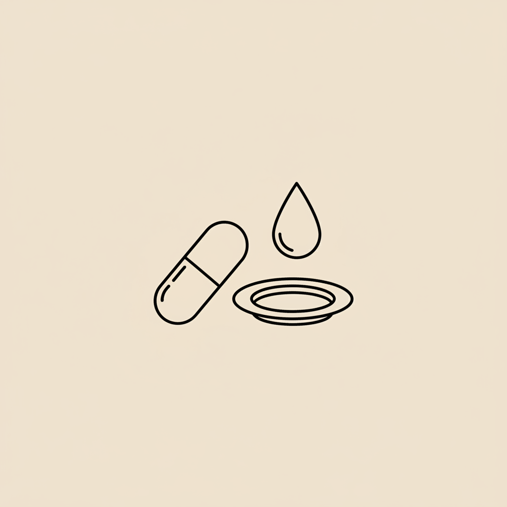 Minimalist line illustration of a capsule next to a small plate and a water droplet on a beige background, representing L-carnitine for weight loss