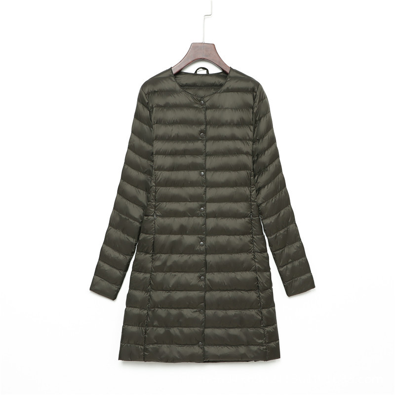Lightweight women's down jacket, mid-length, with button placket