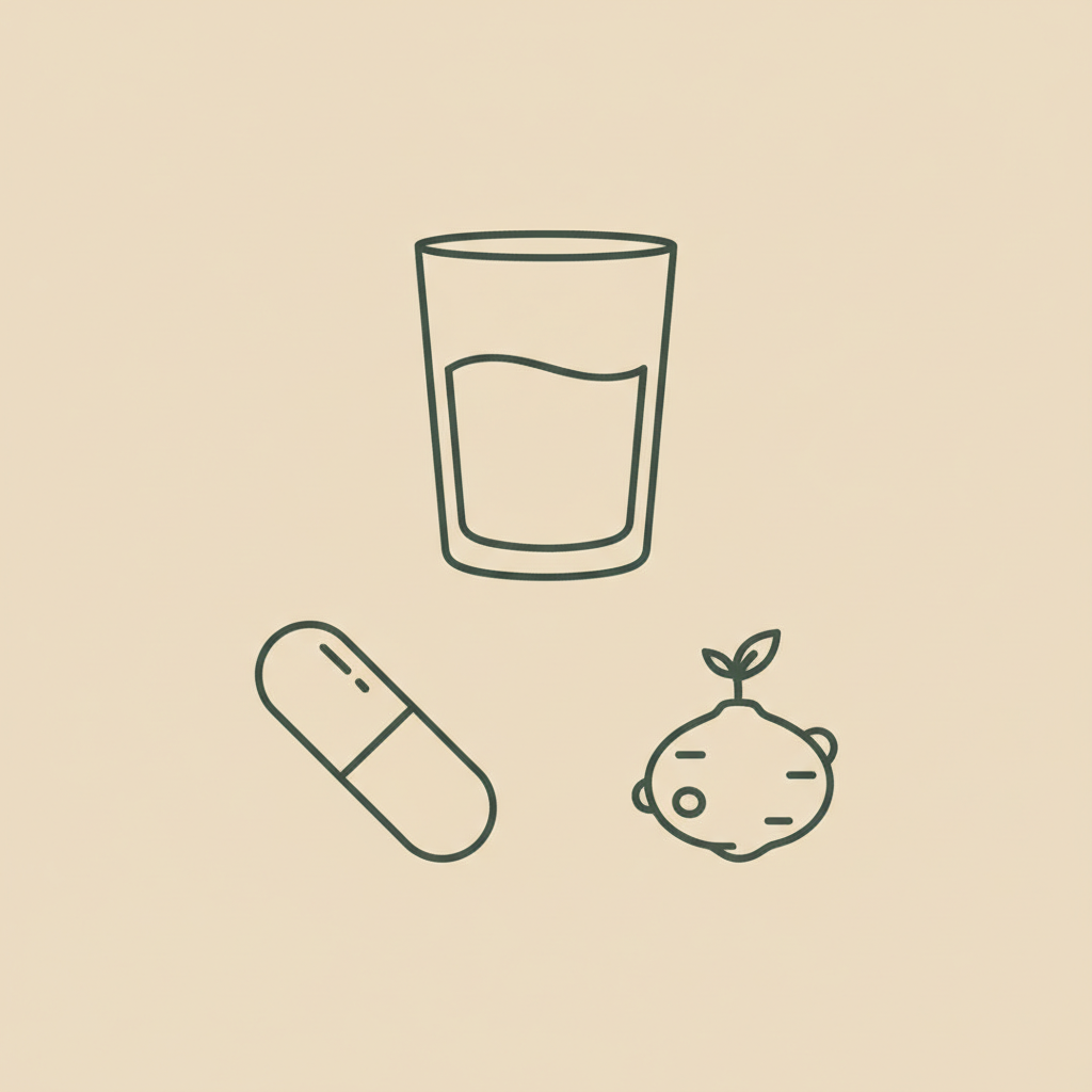 Minimal Tonum-style line illustration of a glass of water, a capsule and a konjac root on beige background — does glucomannan break down fat