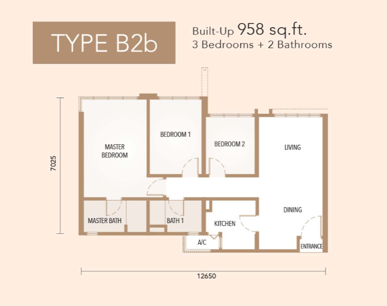The Maple Residences Type B2B floor plan — 1134 sq ft, 3 bedrooms