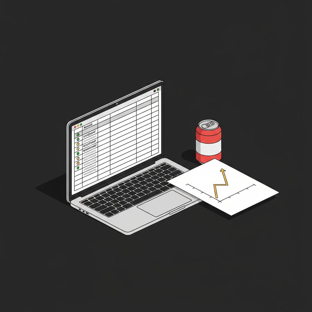 Minimalist 2D vector desktop with laptop showing spreadsheet and a printed compounded growth chart and small generic red soda can as cue Coca-Cola stock 20-year return