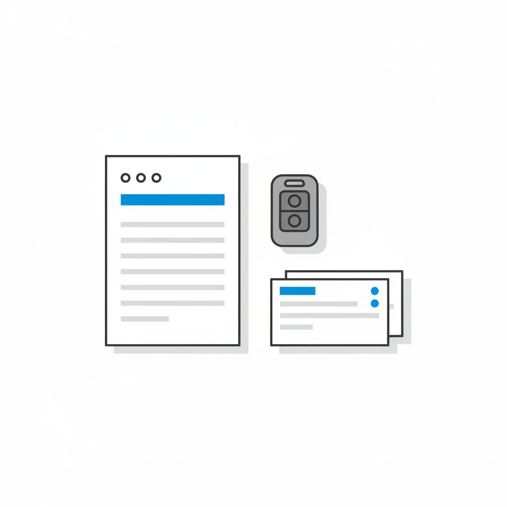 Top down 2D vector of a VIN report and generic car key fob with service receipts on a white table illustrating What year Mazda to stay away from
