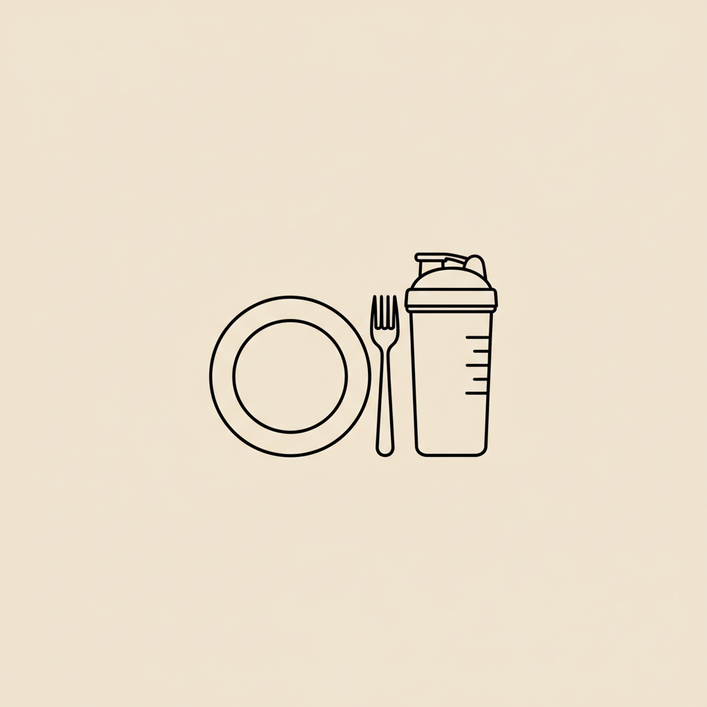 Minimalist line illustration of a plate, fork, and shaker bottle on a beige background representing protein shake vs meal replacement.