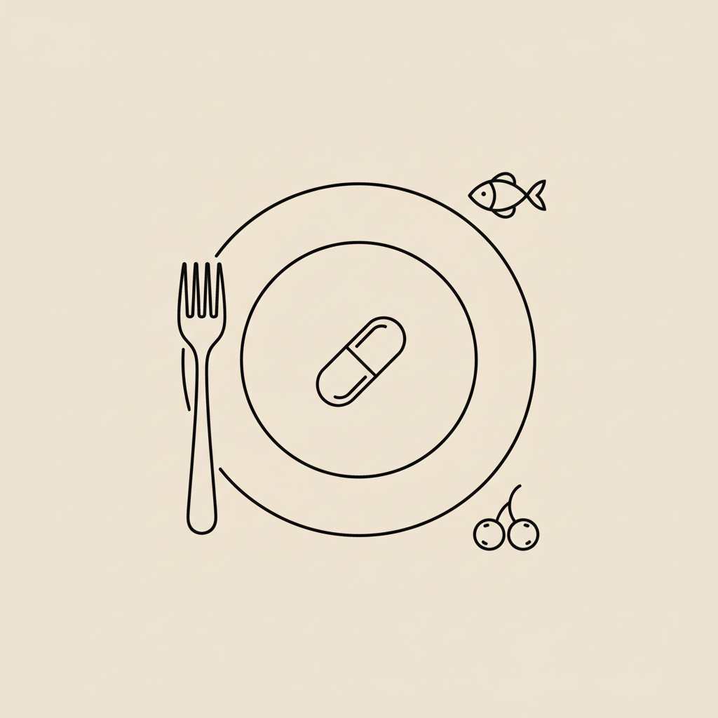 Minimalist vector illustration of a plate with a fork, capsule, stylized fish and a small berry cluster on a beige background to evoke healthy choices to lose 20 lbs in one month.
