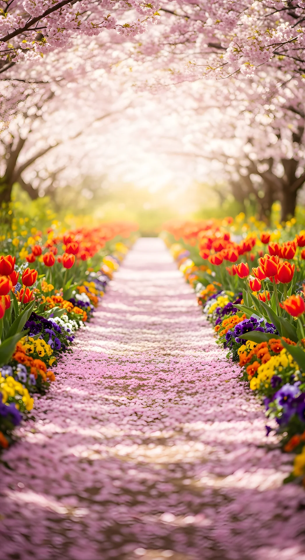 Sun-Drenched Garden Path Covered in Cherry Blossom Petals with Spring Flowers - Free 4K mobile Wallpaper