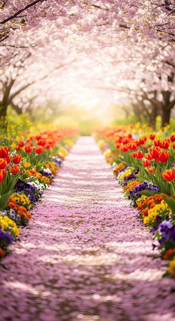 Sun-Drenched Garden Path Covered in Cherry Blossom Petals with Spring Flowers - Free mobile Wallpaper