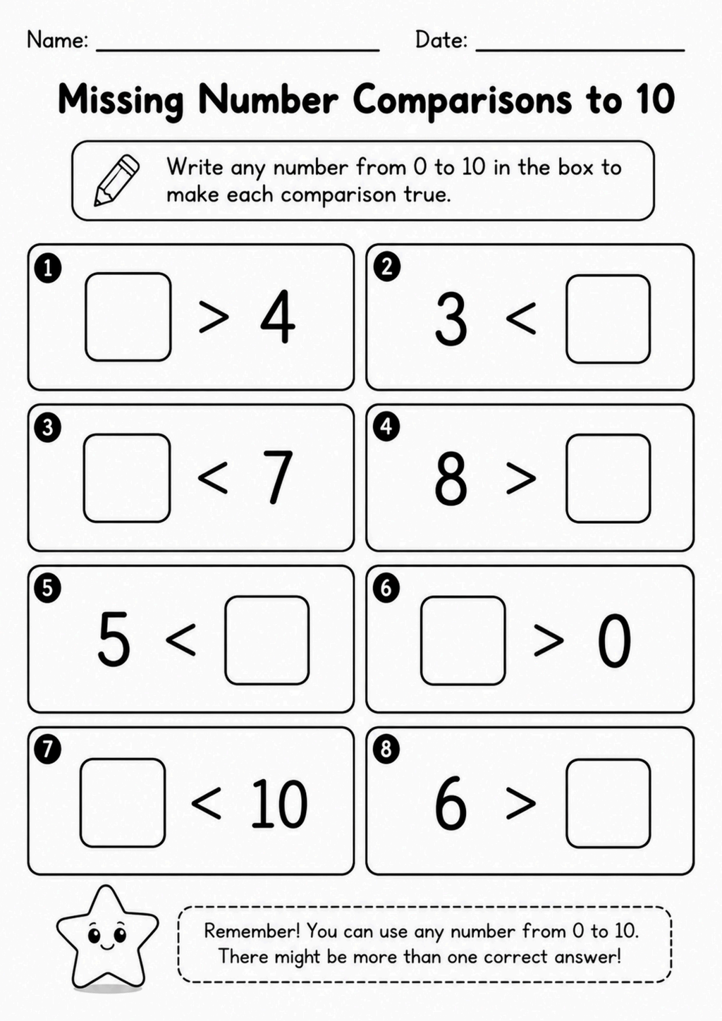 Missing Number Comparisons to 10 Worksheet
