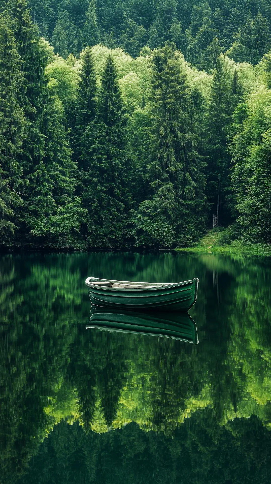Isolated Green Rowboat Reflecting in Deep Forest Lake - Free 4K mobile Wallpaper