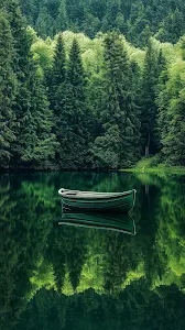 Isolated Green Rowboat Reflecting in Deep Forest Lake