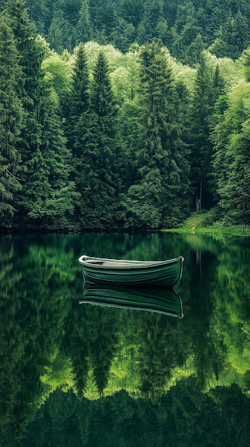 Isolated Green Rowboat Reflecting in Deep Forest Lake - Free mobile Wallpaper