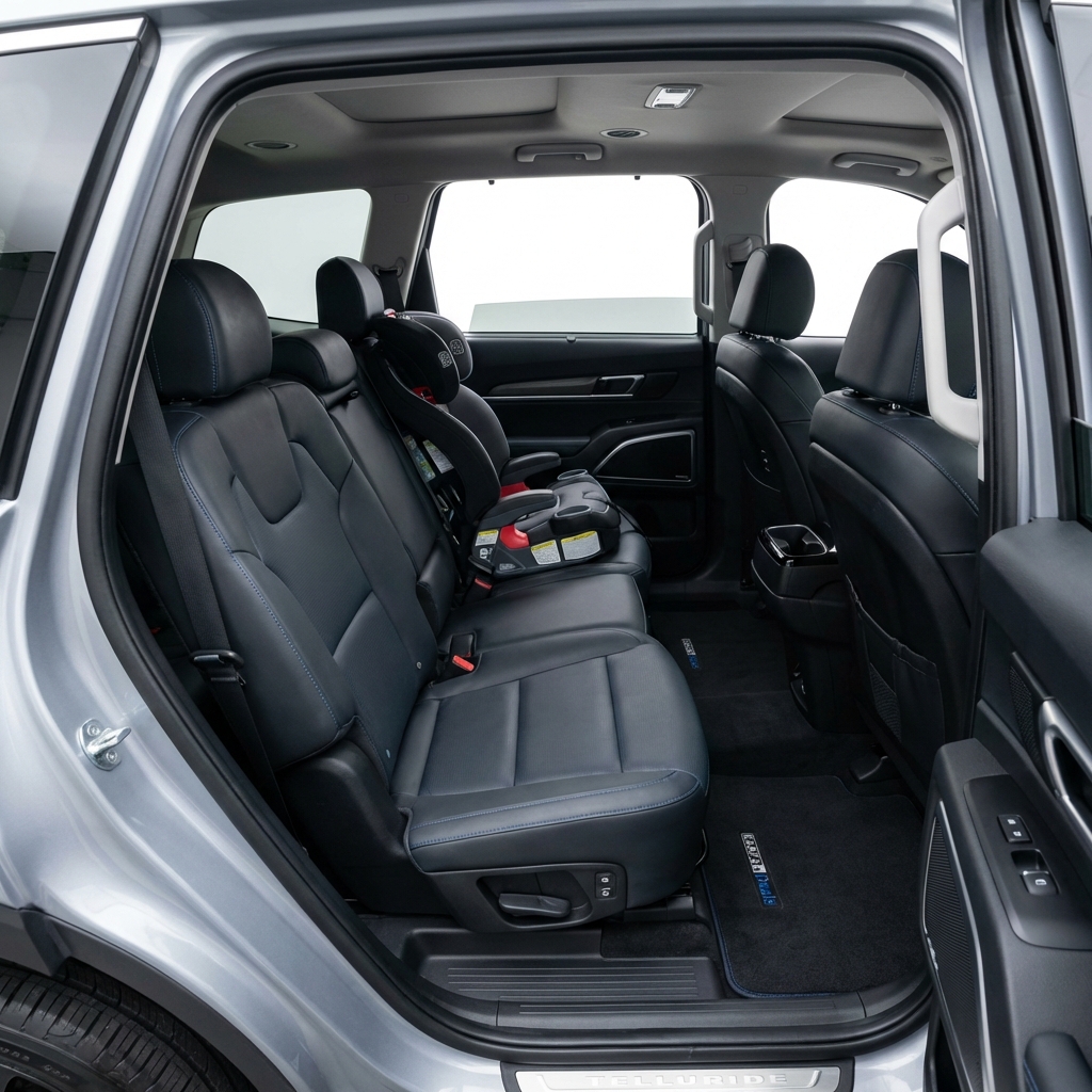 kia telluride for sale interior view showing second row and third row seating with child seat installed highlighting ample legroom and clean minimalist CarFax Deals styling