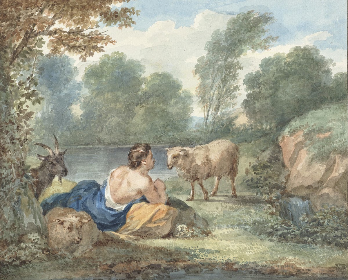 Herderin met schapen in een landschap met een meertje 1781