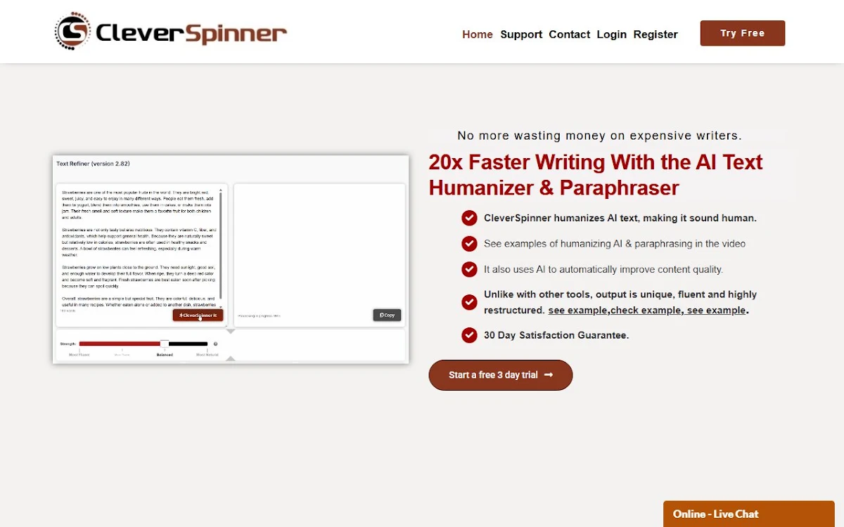 Captura de CleverSpinner - AI Humanizer & Paraphrasing Tool