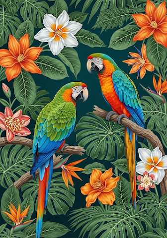 Tropical Parrots and Flowers