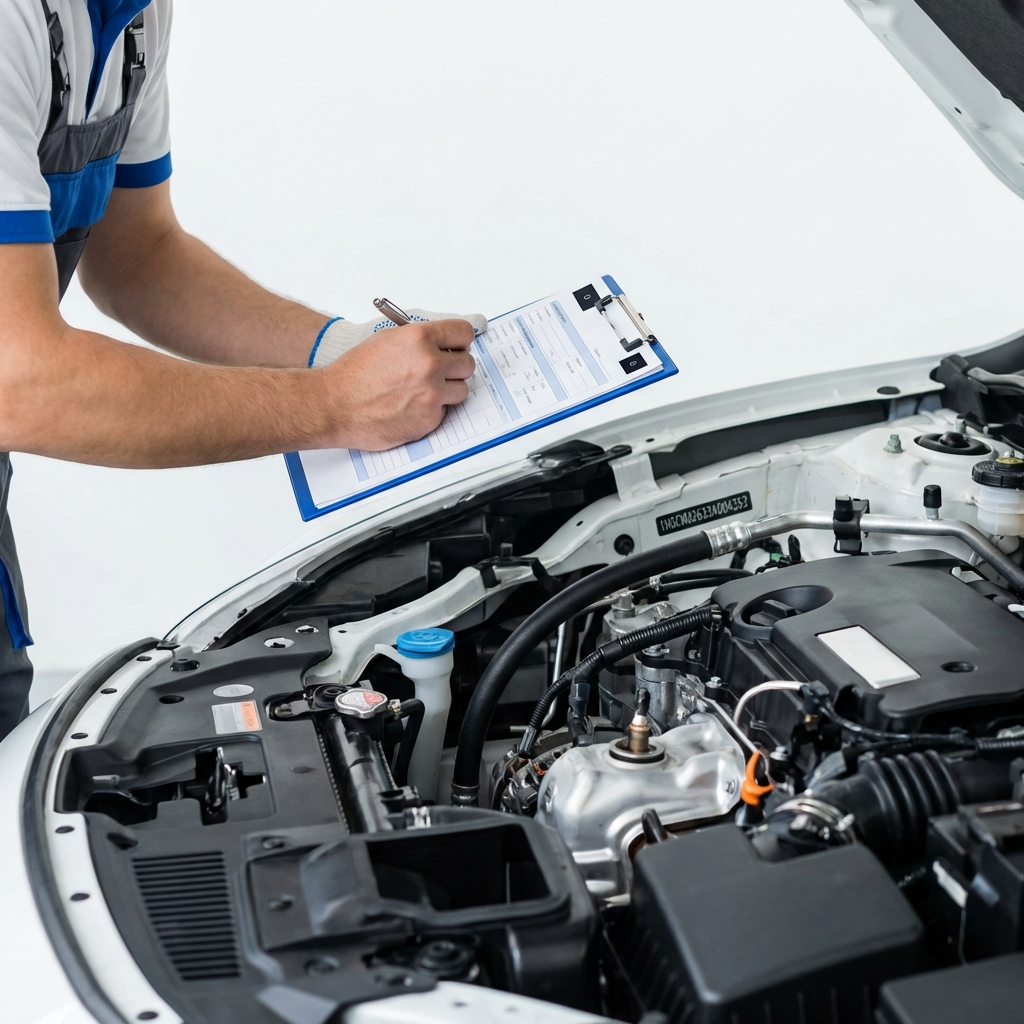 Close up of a mechanic inspecting a car engine with clipboard and visible VIN sticker on the door jamb kia souls for sale