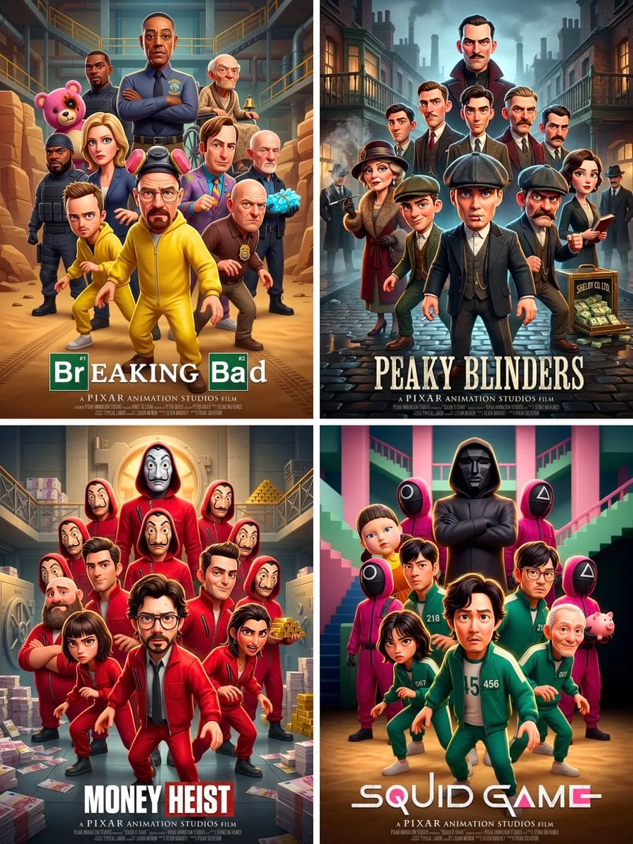 Póster de película animada en 3D CGI al estilo de Pixar, con un elenco estelar que incluye a los personajes más icónicos y reconocibles...