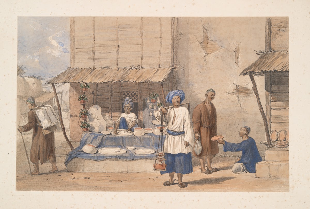 Cabul a fulloodeh stall with Huzzarehs carrying snow c to market 1843