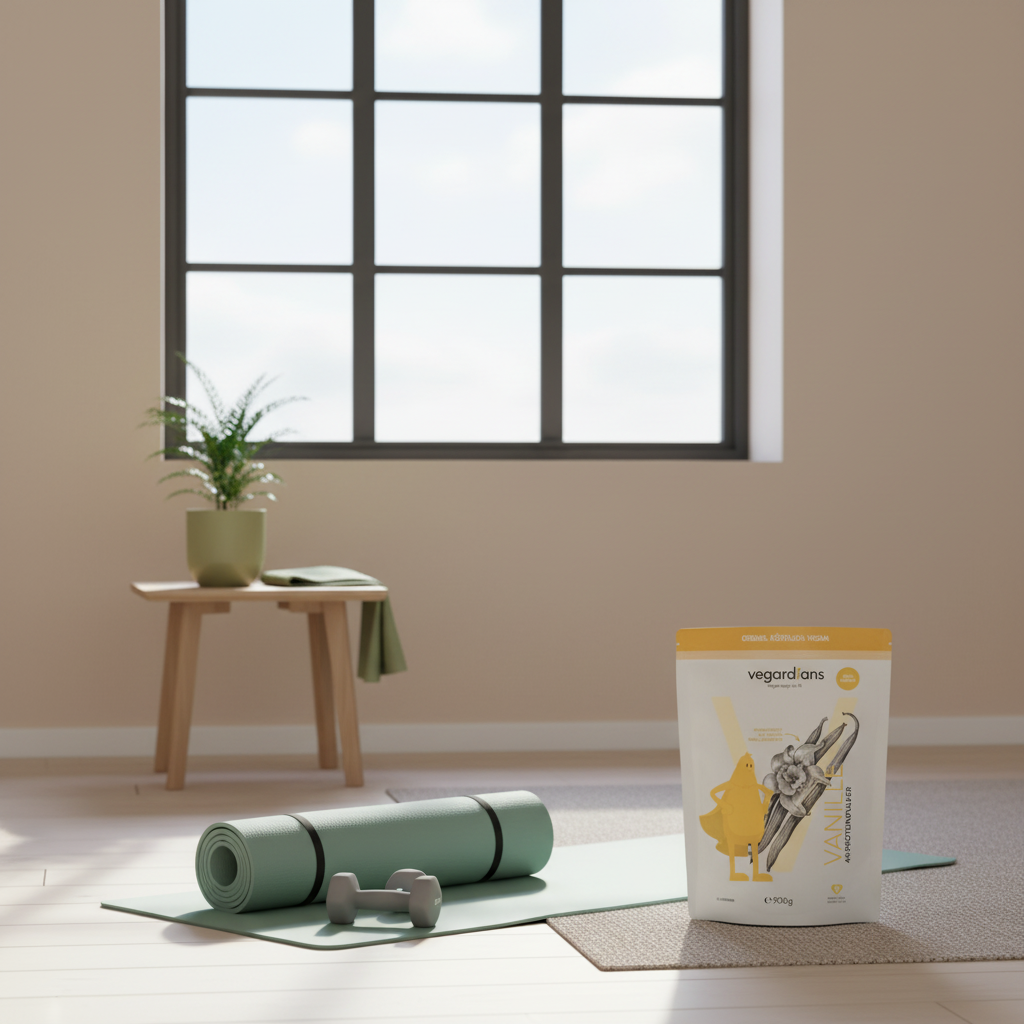 Minimalistisches Nordic-Wohnzimmer mit Yogamatte, Hanteln, Pflanzen und Vegardians-Produkt als Abnehmpräparate-Begleiter im Morgenlicht