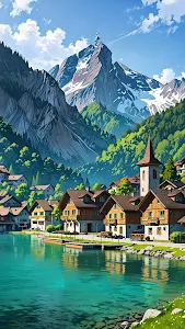 Vibrant Cartoon Illustration of Mountain Town and Turquoise Water