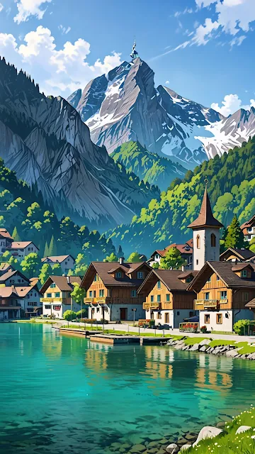 Vibrant Cartoon Illustration of Mountain Town and Turquoise Water