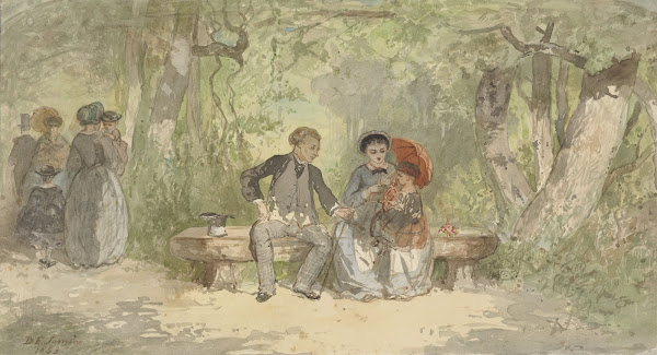 Man vrouw en kind op een bank in het park 1863