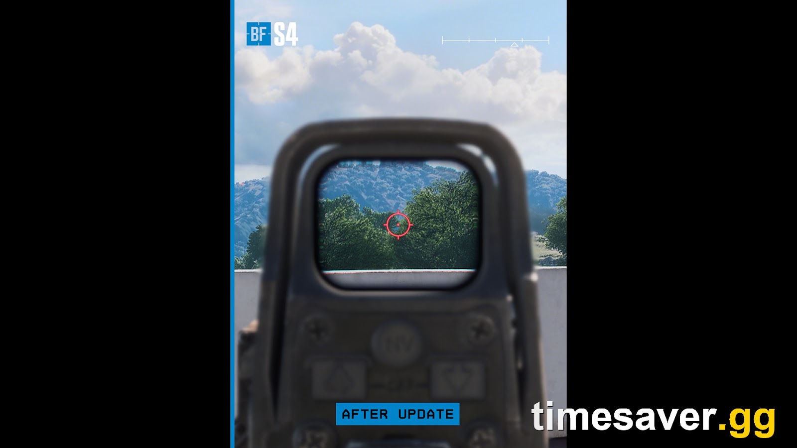 The same Battlefield 6 holographic sight after the Update 1.4.3.0 reticle overhaul, labelled After Update by EA