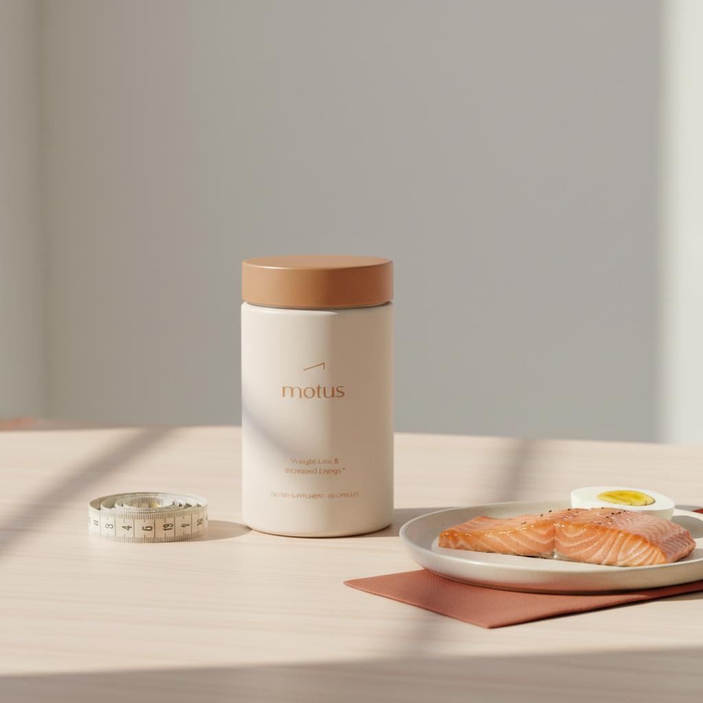 Motus supplement jar on a wooden surface with a measuring tape and plate of fish and egg, suggesting natural L-carnitine sources for weight loss in minimalist Tonum style