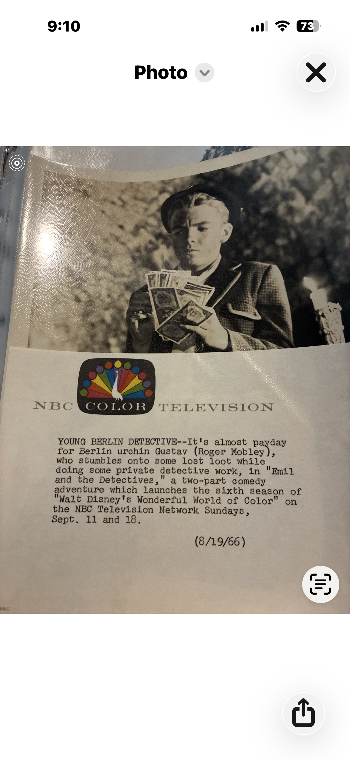 Original 1966 NBC publicity photograph of Roger Mobley as Gustav in Emil and the Detectives, with NBC Color Television peacock logo, 8.5 by 11 inches
