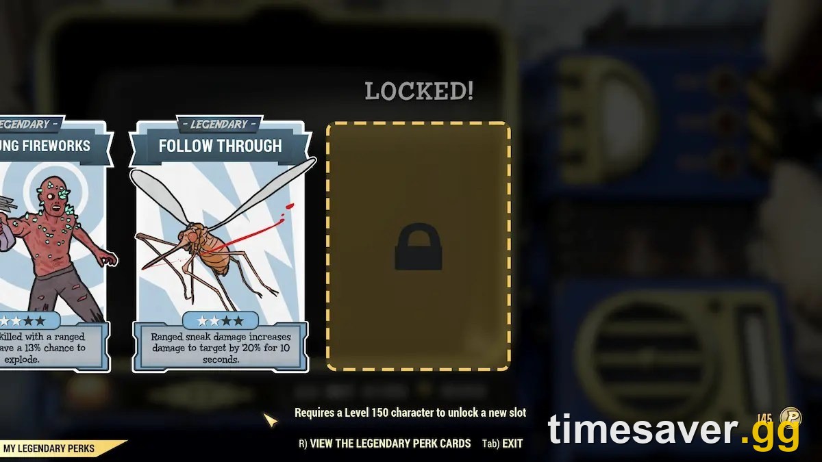 Fallout 76 Legendary Perk slots screen with a locked level 150 slot
